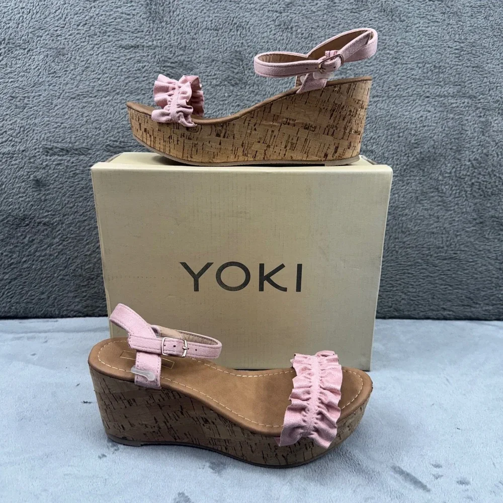 Yoki Carrin-40 Blush Pink Ruffle Cork Wedge Platform Sandals Womens 7.5‎
